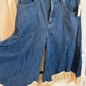 Pilcro Blue Denim Wide Leg Jeans with Fringe